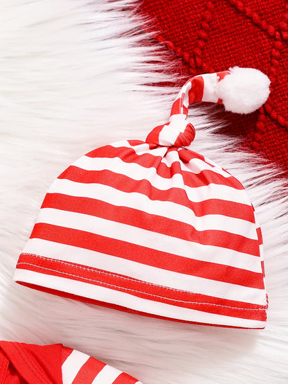 Infant Baby Unisex "My 1st Christmas" Alphabet Print Striped Long Sleeve Romper & Beanie Set - Cute Polyester Knit Fabric Outfit for Fall/Winter, For Outdoor