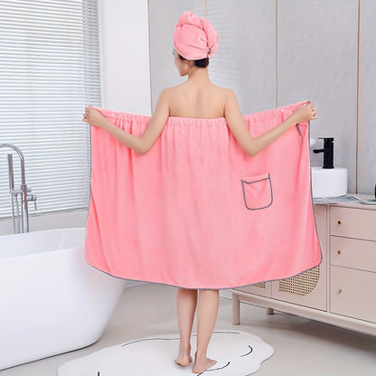 2pcs Stylish Wearable Bath Towel Set - Ultra-Absorbent Skirted Towel with Pockets, Bow Decor Wrap & Water-Resistant Shower Cap - Perfect Bathroom Accessories for Womens Relaxing Spa Days