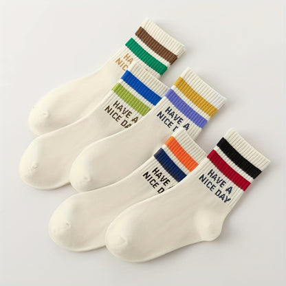 5 Pairs Of Boy's Trendy Striped Letter Pattern Crew Socks, Breathable Cotton Blend Comfy Casual Style Unisex Socks For Kids Outdoor All Seasons Wearing