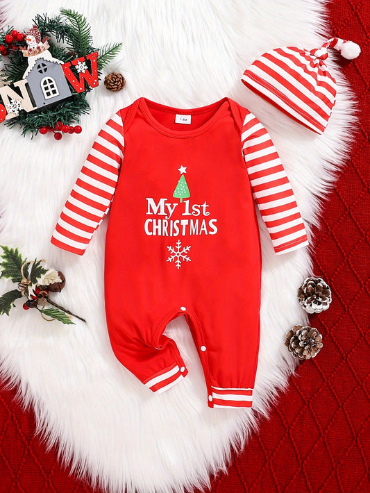 Infant Baby Unisex "My 1st Christmas" Alphabet Print Striped Long Sleeve Romper & Beanie Set - Cute Polyester Knit Fabric Outfit for Fall/Winter, For Outdoor
