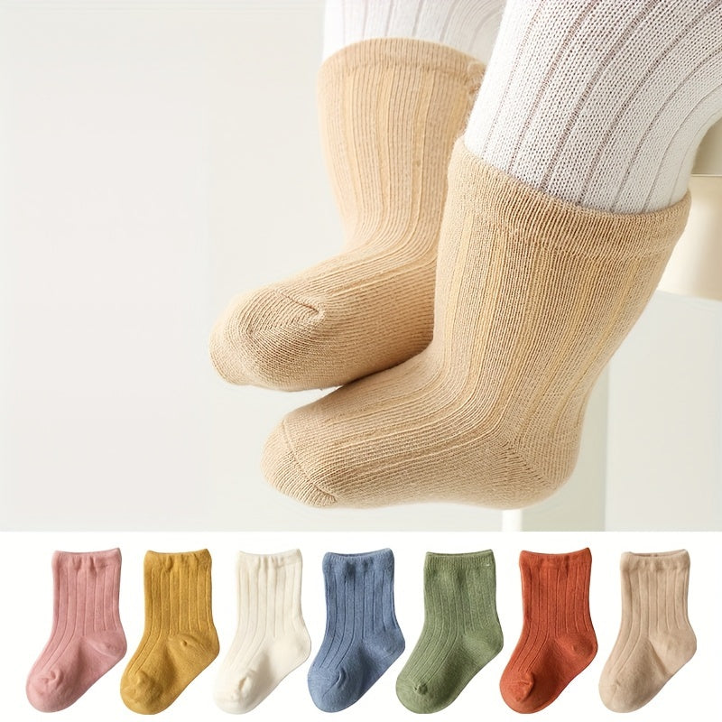 7 Pairs Of Newborn Baby Solid Cotton Socks, For Infant Boys And Girls Keep Warm In Spring And Autumn