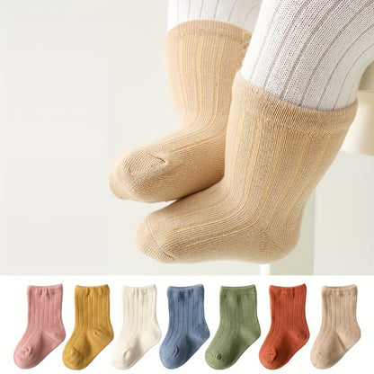 7 Pairs Of Newborn Baby Solid Cotton Socks, For Infant Boys And Girls Keep Warm In Spring And Autumn