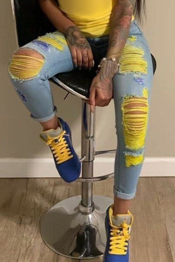 flowersverse - Light Blue Dark Blue Denim Zipper Fly High Hole washing pencil Pants Bottoms