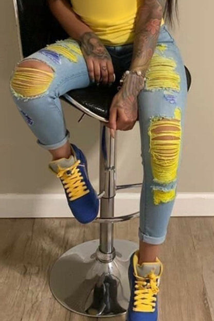 flowersverse - Light Blue Dark Blue Denim Zipper Fly High Hole washing pencil Pants Bottoms