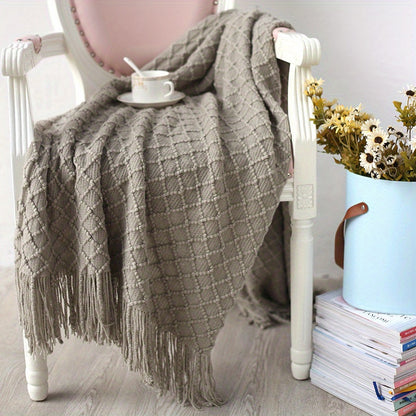1pc Soft and Cozy Knitted Throw Blanket with Tassel for Couch and Bed - Perfect for Comfort and Style