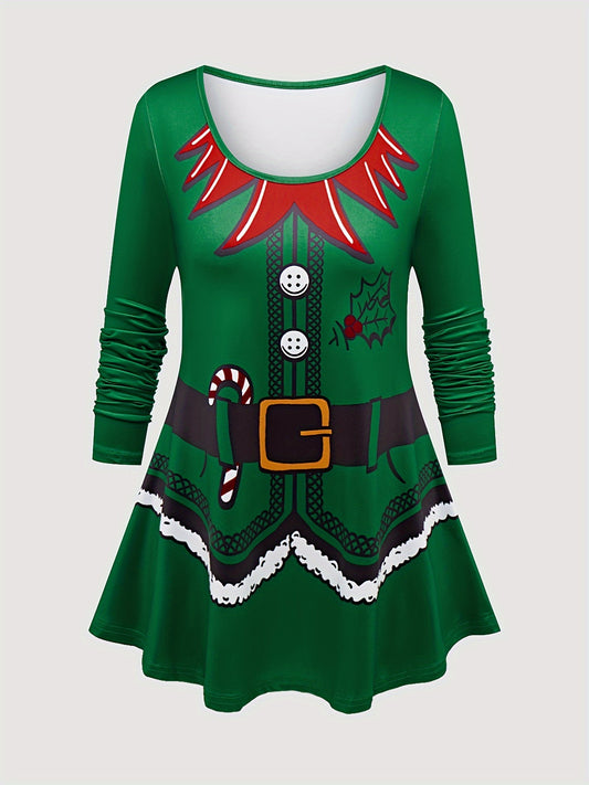 Christmas Elf Themed Women's Casual Polyester Knit Sweater Set with Long Sleeve Top and Pants - Festive Holiday Outfit for All Seasons