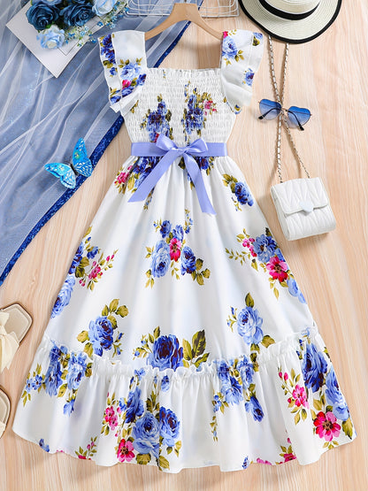 Summer Blossom: Elegant Floral Fit & Flare Dress for Girls - Sleeveless with Applique, Ruffle Trim, Durable & Easy-Care