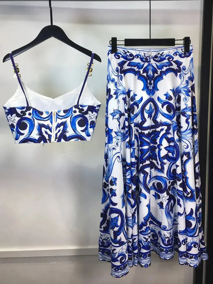 Banulin Bohemain 2-piece set of blue and white ceramic tiles womens spaghetti shoulder strap gold button vest topprinted long sleeved tight fitting clothes 240508