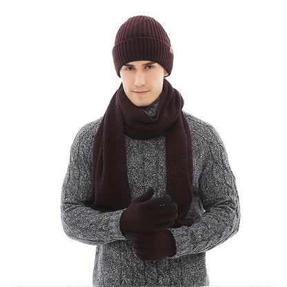 Winter Warmth Set for Men - Thickened Velvet Knitted Gloves with Non-Slip Touch Screen, Long Scarf, and Fashionable Hat for Cold Weather - Soft, Breathable, and Stylish Accessories for Outdoor Activities