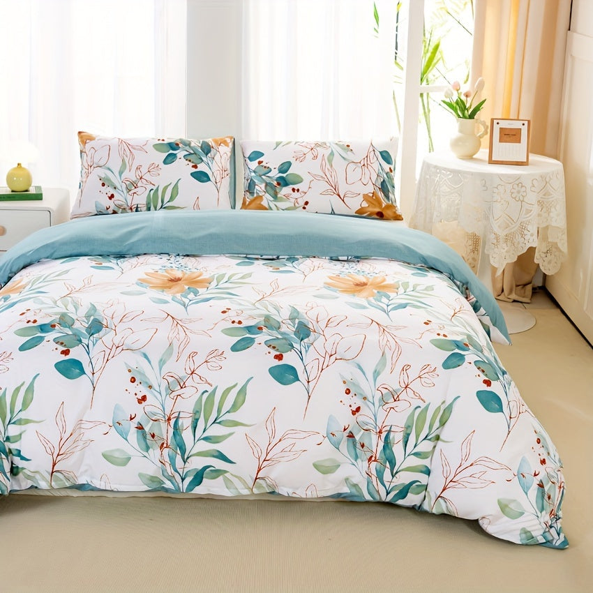 3pcs Floral Print Duvet Cover Set, Soft Microfiber Bedding With 1 Duvet Cover And 2 Pillowcases - No Comforter Or Pillow Core, Elegant Bedroom Decor