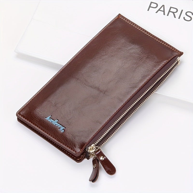 Classic Bi-Fold Faux Leather Long Wallet - Double Zipper, Multiple Card Slots, Slim Design, Elegant Clutch Purse with Snap Closure and Faux Leather Lining