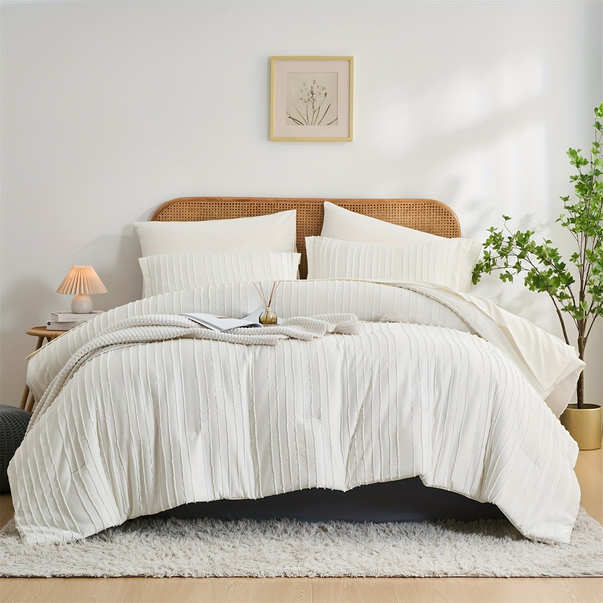 7-Piece Boho Beige Striped Comforter Set - Soft, Breathable, Skin-Friendly Bedding with Comforter, Flat Sheet, Fitted Sheet, and 4 Pillowcases - Perfect for Bedroom Room Decor, Comfortable Sleeping Experience