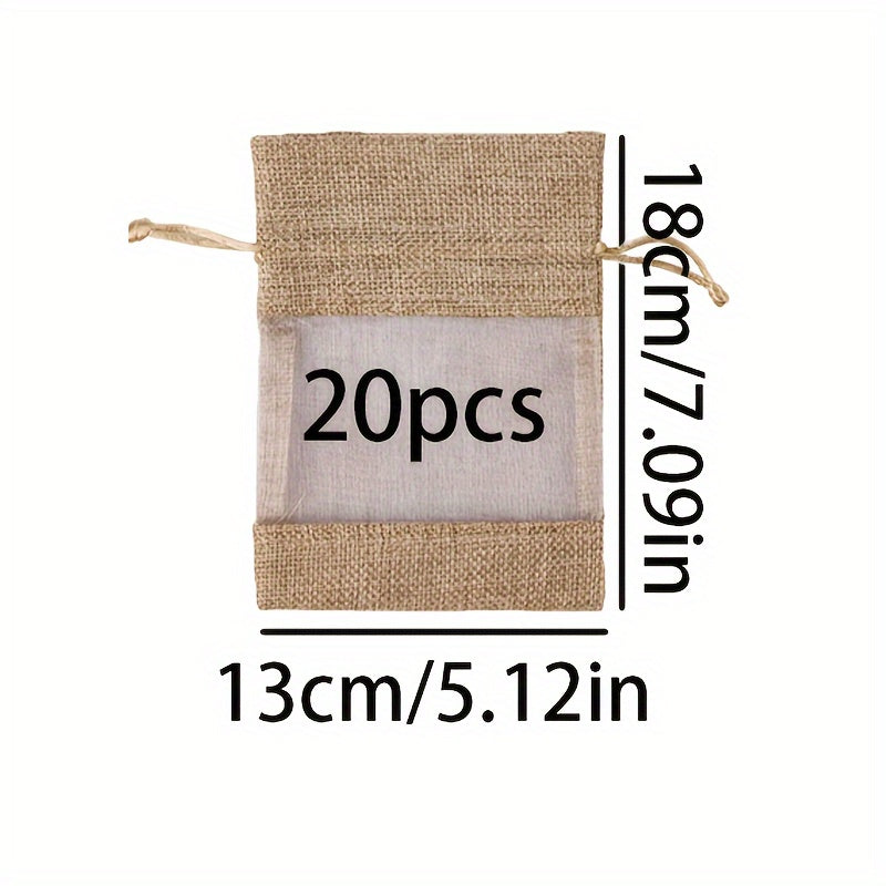 20pcs Transparent Window Gift Bag, Burlap Organza Splicing Drawstring Bag, Party Favor Supplies, Christmas & New Year Gift Wrapping And Storage Supplies