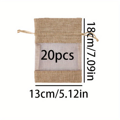 20pcs Transparent Window Gift Bag, Burlap Organza Splicing Drawstring Bag, Party Favor Supplies, Christmas & New Year Gift Wrapping And Storage Supplies
