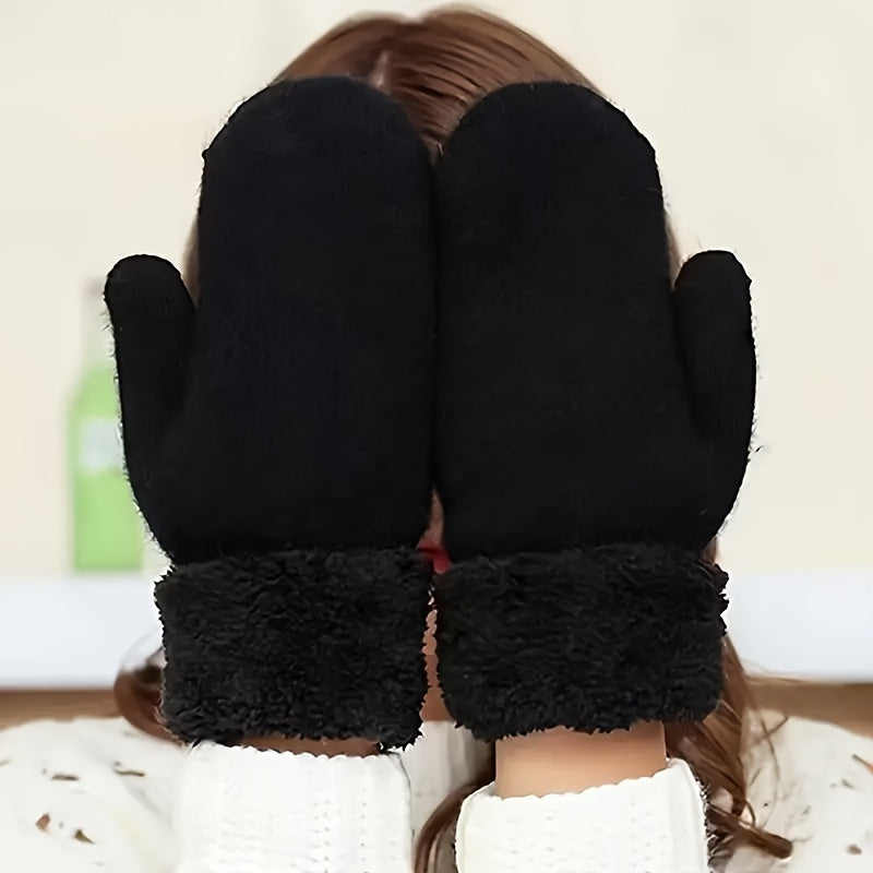 Solid Color Winter Gloves Mittens, Thickened Plush Inner Comfortable Hand Warmer Mittens For Outdoor Cycling