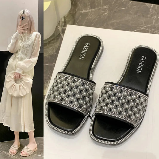 Fashion versatile flat bottom lazy one word pearl small fragrant wind sandals slippers soft sole