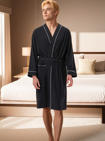 Super-stylish New Casual Solid Color Sleep Robe, Men's Absorbent Quick-drying Nightgowns Must-have In All Season