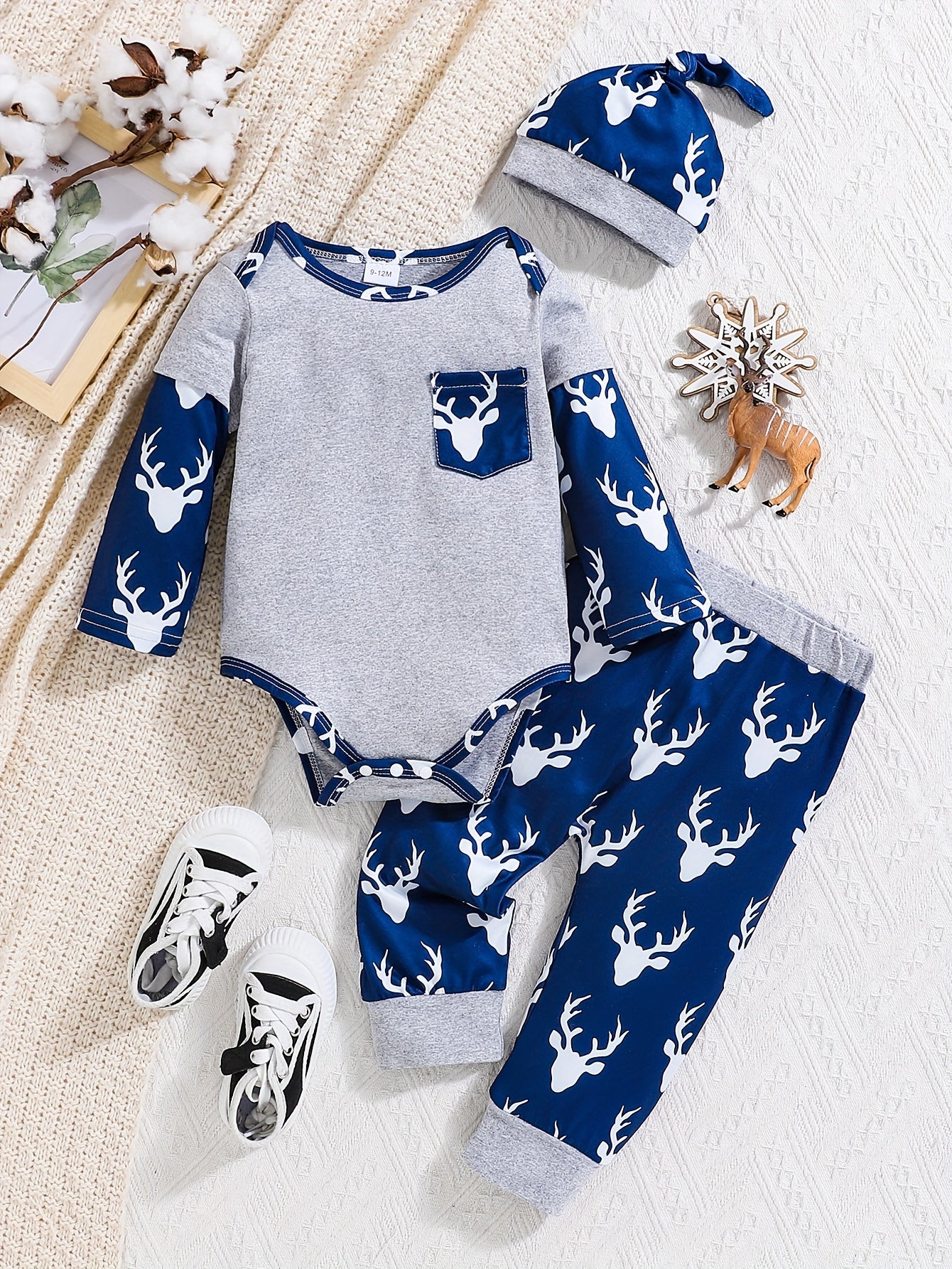 2pcs Elk Pattern Bodysuit & Hat & Casual Pants Set, Cartoon Splicing Toddler & Infant Boy's Clothing for Spring Fall Christmas, Outdoor