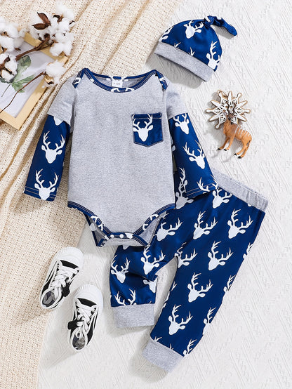 2pcs Elk Pattern Bodysuit & Hat & Casual Pants Set, Cartoon Splicing Toddler & Infant Boy's Clothing for Spring Fall Christmas, Outdoor