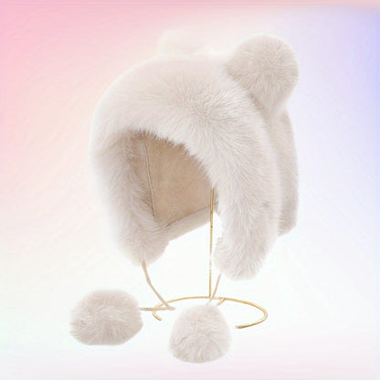 Cozy Plush Bear Ear Beanie For Women - Warm, Stretchy Acrylic Winter Hat With Ear Flaps, Fashionable & Versatile