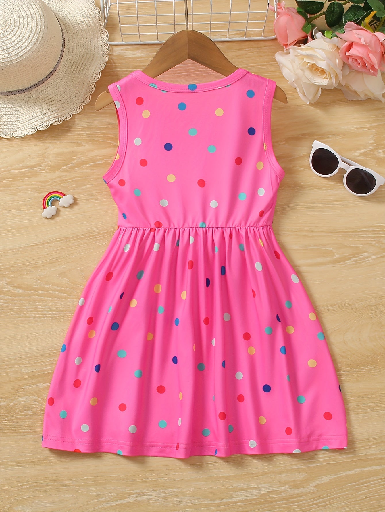 Girls Rainbow Charm - Vibrant Polka Dot Print Sleeveless Crew Neck Dress - Perfect Summer Fashion Gift for Little Princesses