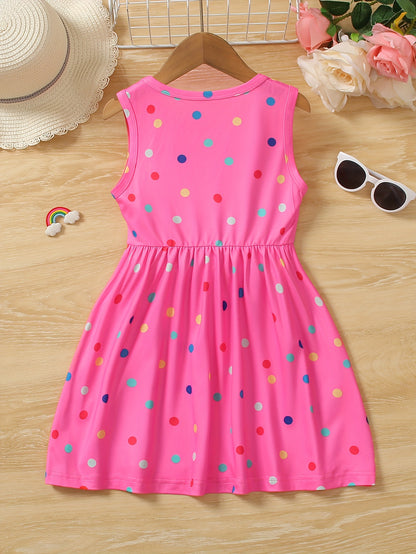 Girls Rainbow Charm - Vibrant Polka Dot Print Sleeveless Crew Neck Dress - Perfect Summer Fashion Gift for Little Princesses