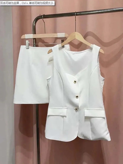 Elegant Top Skirts Set Women White Single Breasted Square Collar Sleeveless Vest Suit Mini Skirt Sets Summer Lady Outfits 240511