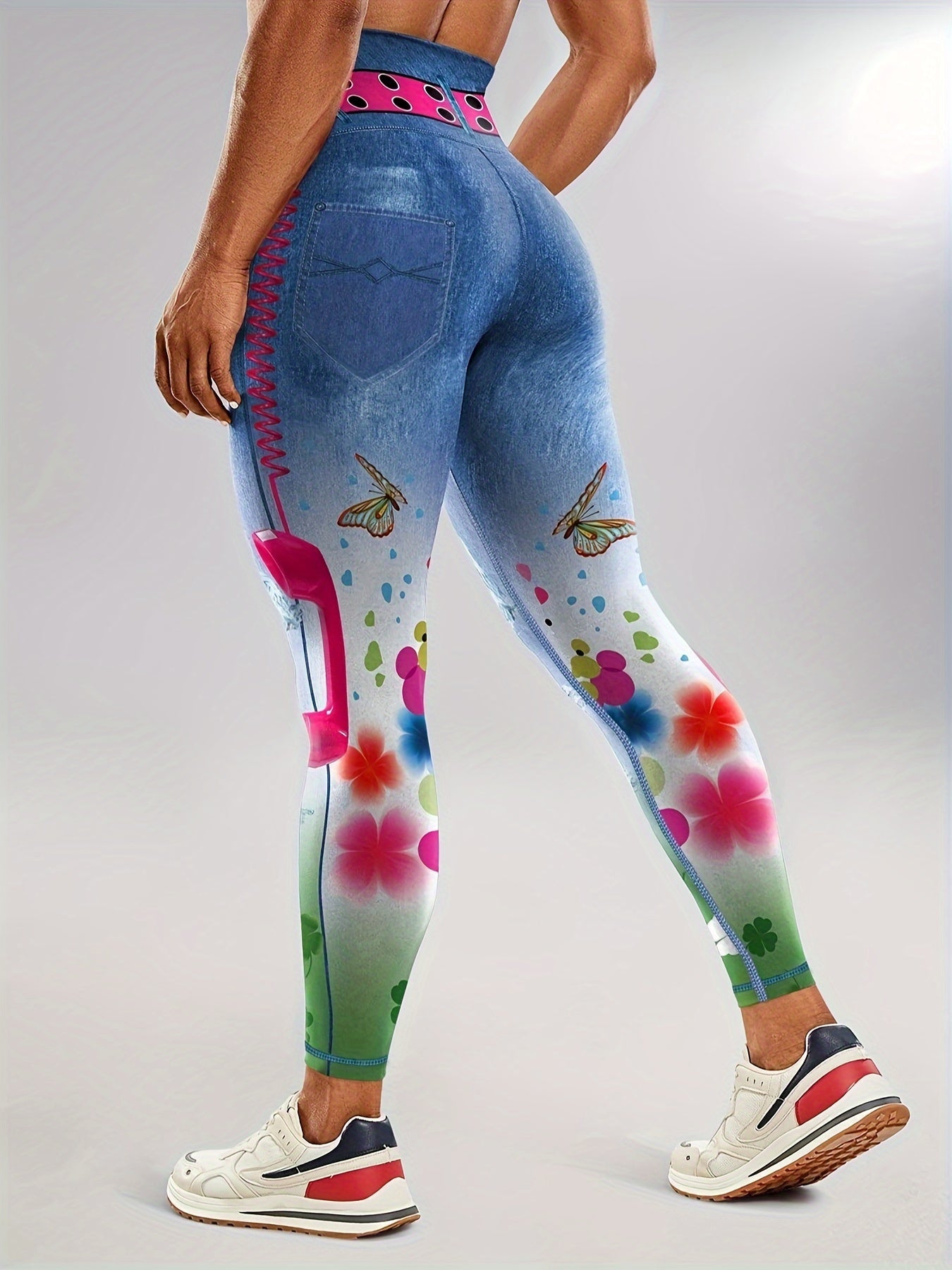 Faux Denim Print Color Butt Lifting Fitness Gym Sports Leggings, High Waist Yoga Workout Running Tight Pants, Women's Activewear