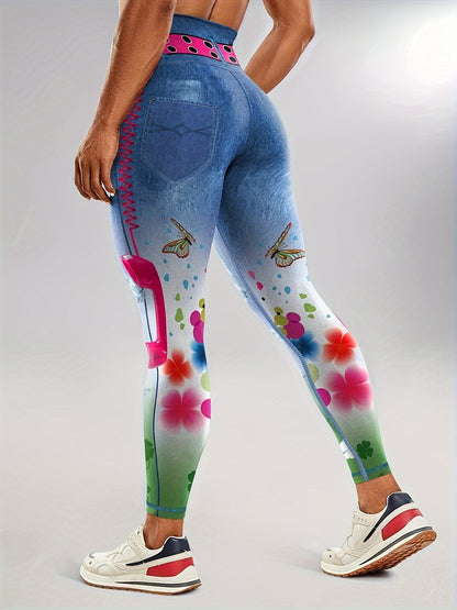 Faux Denim Print Color Butt Lifting Fitness Gym Sports Leggings, High Waist Yoga Workout Running Tight Pants, Women's Activewear