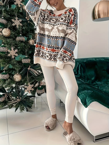 Cozy Christmas Reindeer Geometric Pattern Sweater - Casual Crew Neck, Long Sleeve Pullover for Women