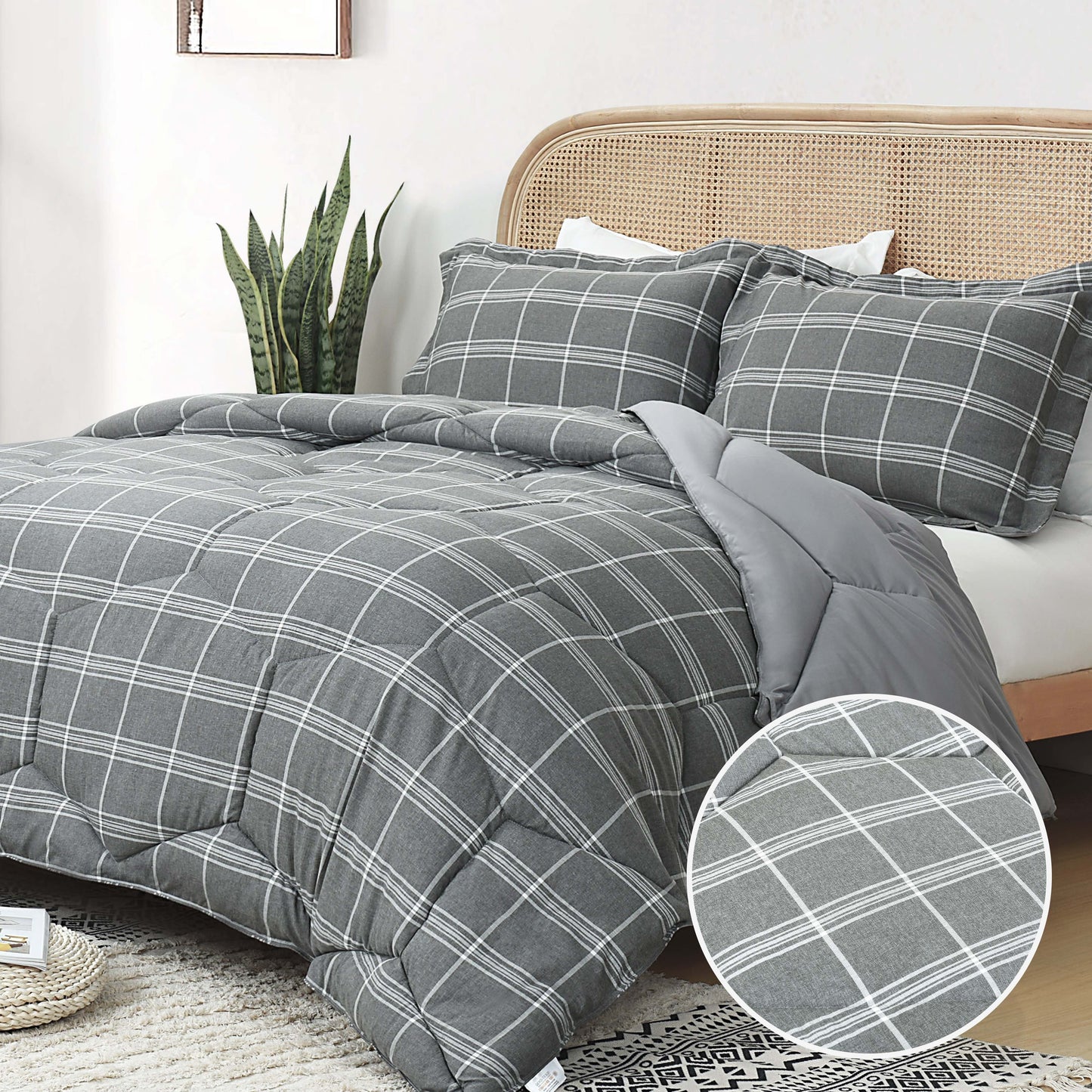 3 Pieces Reversible Quilted Comforter Set, Cationic Dyeing Comforter with Contemporary Plaid Pattern, Preppy Bedding Sets-Include 1 Comforter, 2 Pillow Shams for Bedroom