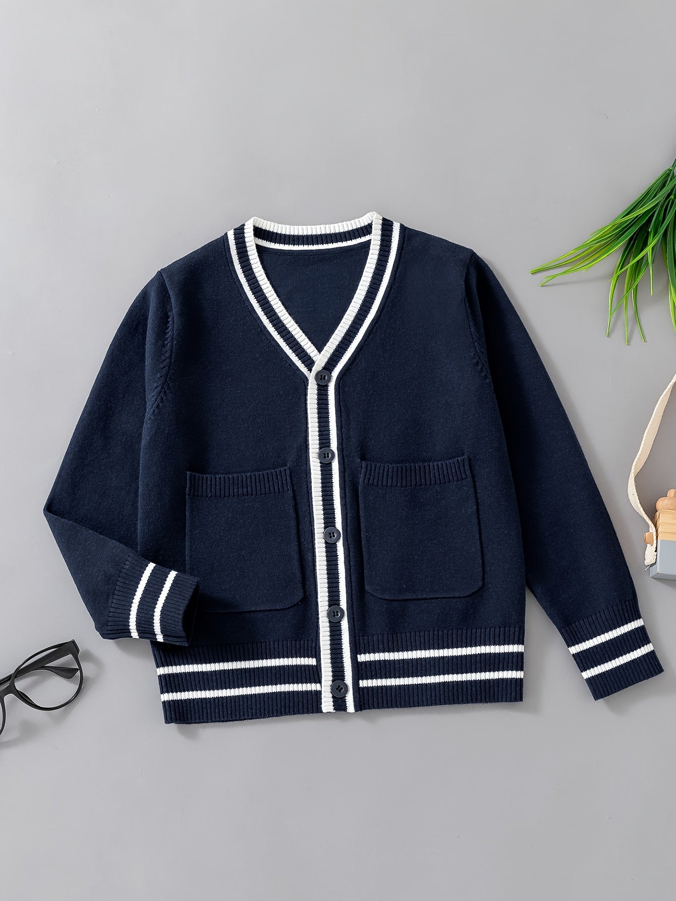 Boys Casual Preppy Style Uniform Knit Cardigan Sweater, Long Sleeve Tops, Boys Clothing Outdoor