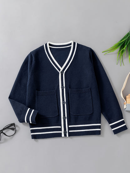 Boys Casual Preppy Style Uniform Knit Cardigan Sweater, Long Sleeve Tops, Boys Clothing Outdoor