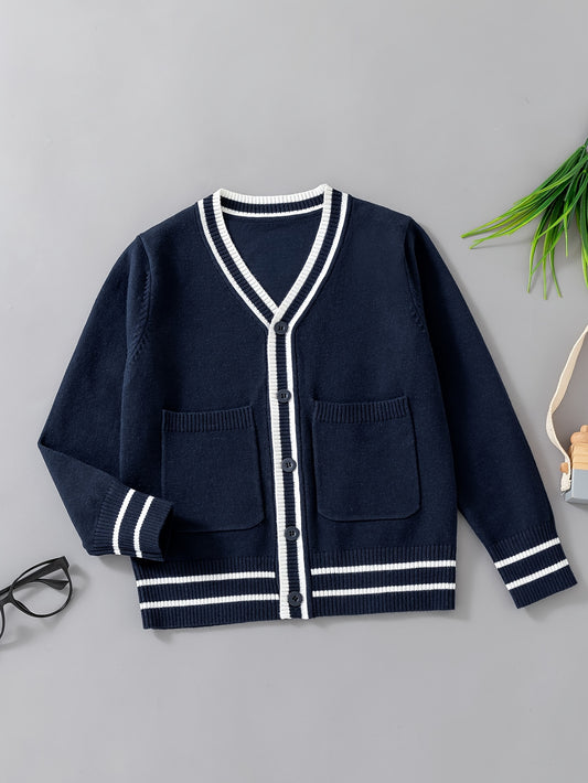 Boys Casual Preppy Style Uniform Knit Cardigan Sweater, Long Sleeve Tops, Boys Clothing Outdoor