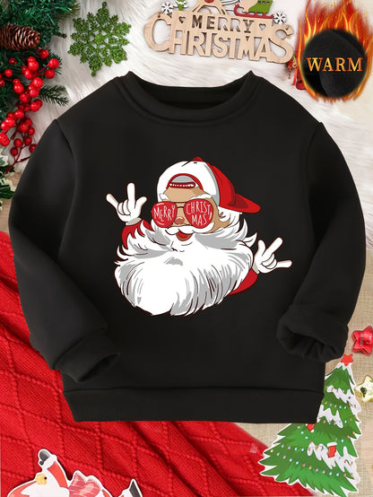 Merry Christmas Santa Claus Print Boys' Fleece-Lined Sweatshirt - Cozy & Stylish for Fall/Winter, Machine Washable