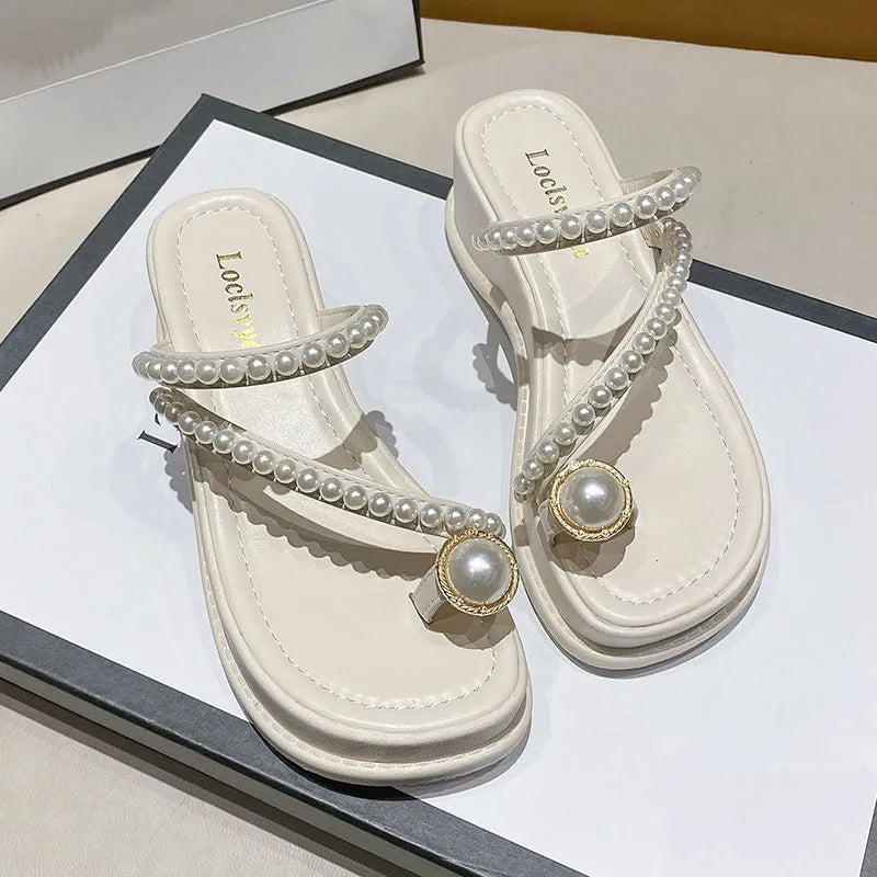 Summer Fashion High-Heeled Flip-Flops Outdoor Thick Sole Non-Slip Wedge Sandals Rhine-Diamond Beach Slippers