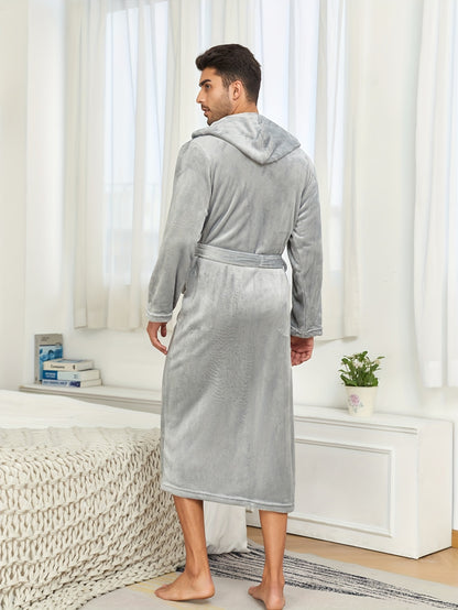 Men's Luxurious Flannel Hooded Bathrobe - Soft, Warm, and Cozy with Long Sleeves, Belt, and Elegant Color - Perfect Nightgown for Autumn and Winter