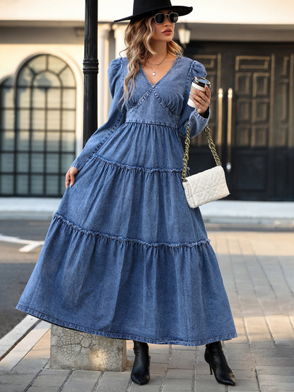 Flattering Long Sleeve Denim Dress with Chic V Neck & Ruffle Hem - Premium Womens Wardrobe Staple