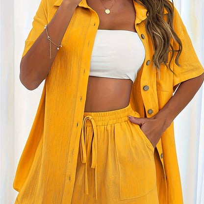 Two-Piece Elegant Casual Set - Lapel Collar Short Sleeve Blouse & Drawstring Shorts Outfit - Polyester, Machine Washable, Solid Color, No Printing, Spring/Summer Essential for Women