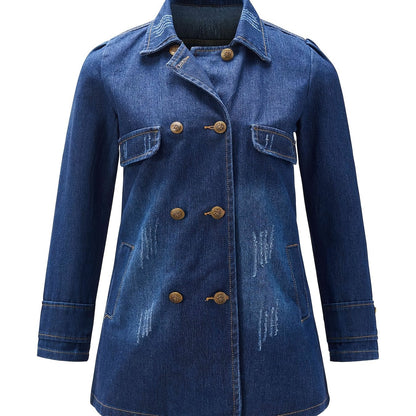 Chic Double-Breasted Denim Jacket: Color Block, Ripped Details - Trendy Fall/Winter Casual Coat with Flap Pockets