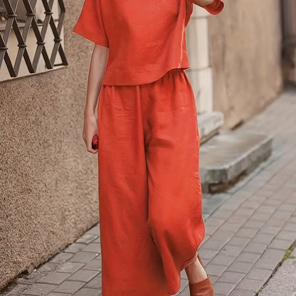 Solid Two-piece Set, Crew Neck Casual T-Shirt & Wide Leg Pants, Women's Clothing