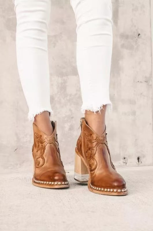 flowersverse Zipper Rivets Chunky Heel Boots