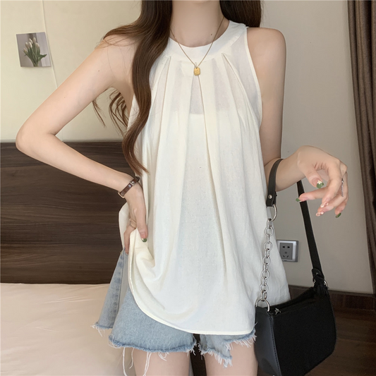 flowersverse Simple Sleeveless Solid Color Halter-Neck Vest Top