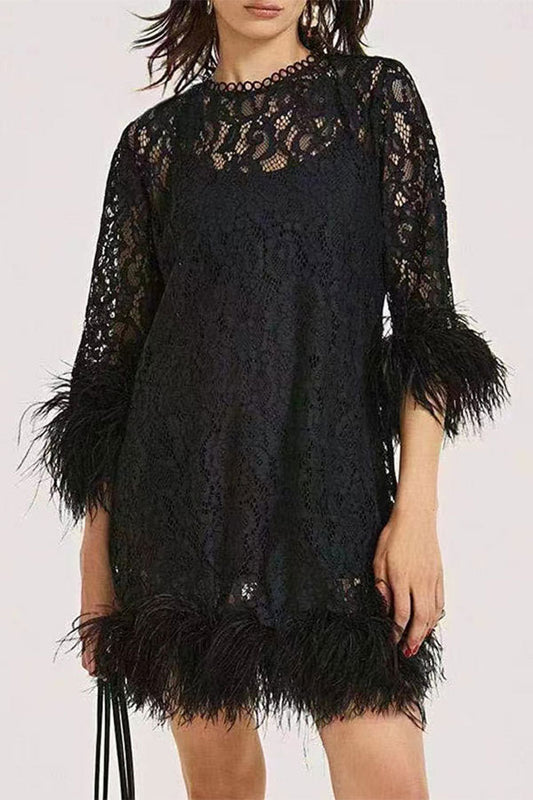 namcoverse Black Feather Trim Sophisticated Lace Belted Mini Dress