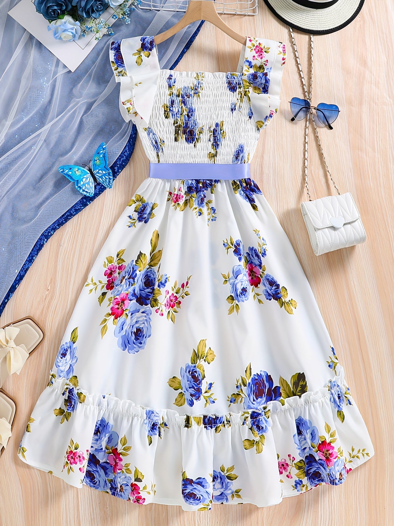 Summer Blossom: Elegant Floral Fit & Flare Dress for Girls - Sleeveless with Applique, Ruffle Trim, Durable & Easy-Care