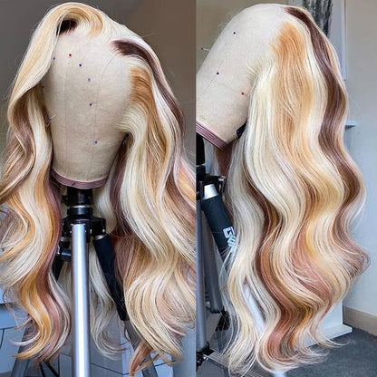 Peruvian Hair Blonde Highlight Lace Front Wig Body Wave 13X4 Lace Frontal Wigs Honey Blonde Colored Synthetic Cosplay Wigs for Black Women