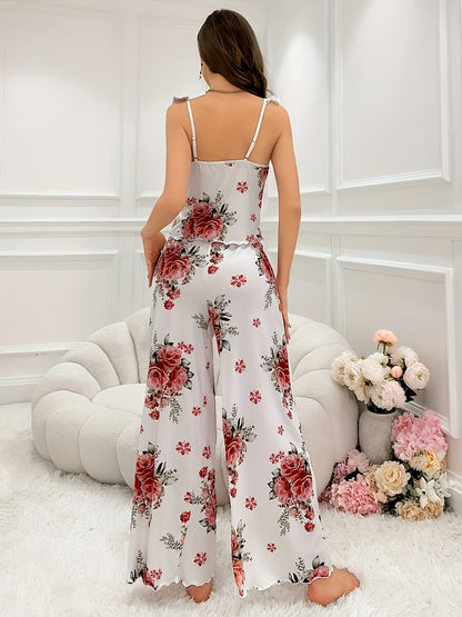 Floral Pajama Set - Luxurious Satin Fabric, Sleeveless Design, Delicate Ruffles, Wide Leg Pants, Cozy and Snug - Elegant and Sophisticated Design, Ideal for Lounging at Home, Sleeping, or Relaxing