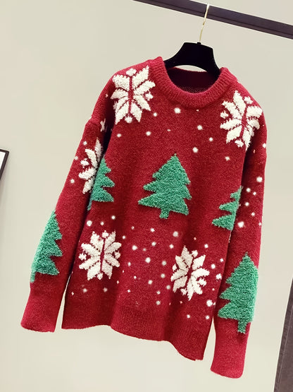 Elegant Christmas Tree Pullover Sweater for Women - 100% Polyester Knit Fabric, Crew Neck, Regular Fit, Festive Pattern, Comfortable for Fall/Winter - Middle East Collection