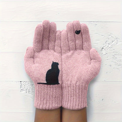 Niche Chic Cat Print Knit Gloves Short Thickened Warm Split Finger Gloves Autumn Winter Coldproof Windproof Gloves