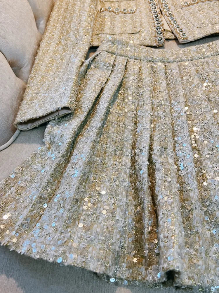 Spring Champagne Beaded Rhinestone Two Piece Dress Sets Long Sleeve Round Neck Tweed Pockets Coat + High Waist Pleated Short Skirt Set Two Piece Suits D3N233219